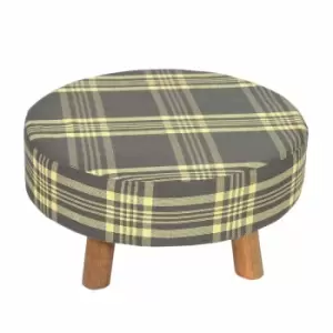 Grey and Yellow Tartan Fabric Flat Circular Stool with Wooden Legs - Grey & Yellow - Homescapes