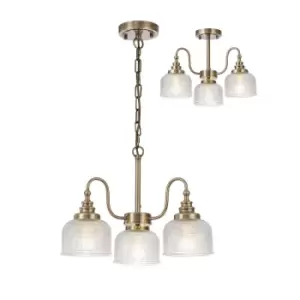 DeRuyter Semi Flush, Ceiling Pendant, 3 Light E27, Antique Brass, Prismatic Glass