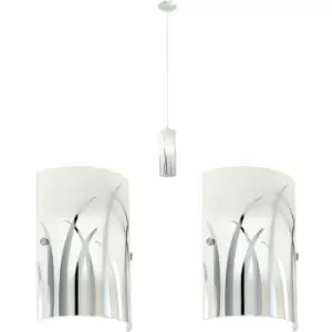 Ceiling Pendant Light & 2x Matching Wall Lights Chrome White Patern Glass Shade