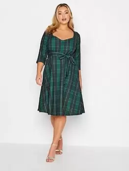 Yours Check V Neck Skater Dress - Green, Size 22, Women