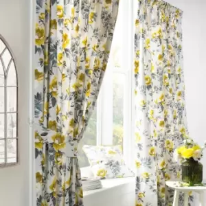 Peony Country Floral Pencil Pleat Curtains Ochre, Ochre / 229 x 137cm