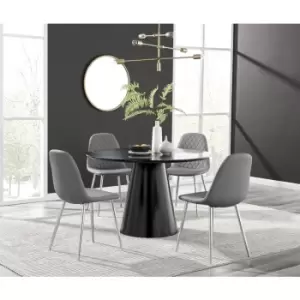 Furniturebox Palma Black Semi Gloss 120cm Round Minimalist Dining Table & 4 Grey Corona Faux Leather Dining Chairs with Silver Legs Diamond Stitch