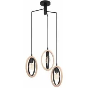 Loops - Hanging Ceiling Pendant Light Black & Wood Hoop Shade 3x 40W E27 Bulb