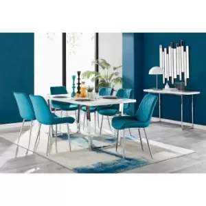 Furniture Box Kylo White High Gloss Dining Table and 6 Blue Pesaro Silver Chairs