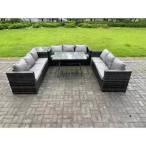 Fimous 9 Seater Outdoor Dark Grey Rattan Lounge Complete Sofa Set with Patio Side Table and Dining Table