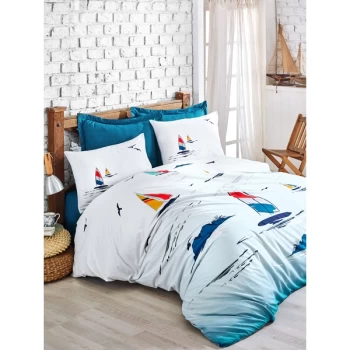 129CTN2389 Neta - Blue Blue White Dark Blue Yellow Red Ranforce Single Quilt Cover Set