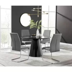 Furniture Box Palma Black Semi Gloss Round Dining Table and 4 Grey Lorenzo Chairs