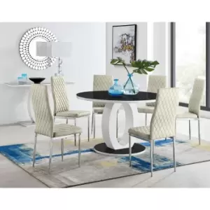 Furniturebox UK - Furniturebox Giovani Black 120cm Round Dining Table and 6 Cream Velvet Milan Dining Chairs With Silver Legs