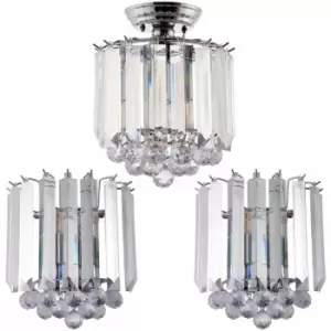 Loops - 2 Lamp Ceiling 2x Matching Twin Wall Light Pack Semi Flush Chrome Acrylic Shade