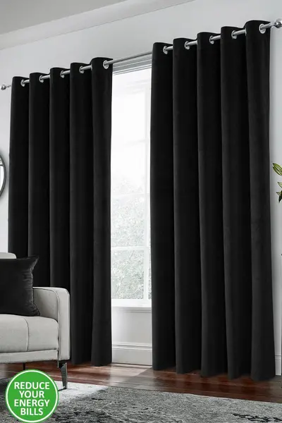 Enhanced Living Black Velvet Thermal Pair Of Curtains 90x90'