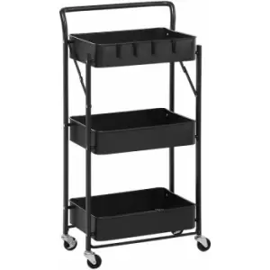 HOMCOM Rolling Utility Cart with 3 Mesh Basket 4 Hooks for Kitchen Black - Black