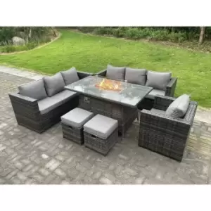 Fimous 7 Seater Rattan Outdoor Patio Gas Fire Pit Dining Sofa Complete Set with Heater and 2 Small Stools