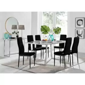 Furniture Box Kylo White Marble Effect Dining Table and 6 Black Velvet Milan Black Leg Chairs