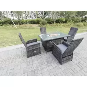 Fimous 4 Seater Outdoor Light Grey Rattan Lounge Complete Dining Table Set with Gas Fire Pit and Reclining Chair