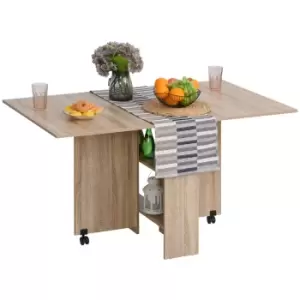 Six Seater Expandable Drop Leaf Dining Table With Wheels Storage Shelf Natural Wood Effect