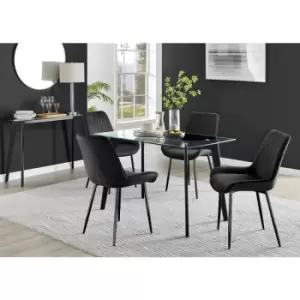 Furniturebox Malmo Rectangular Glass and Black Wooden Leg Modern Industrial Dining Table & 4 Black Pesaro Black Leg Velvet Chairs