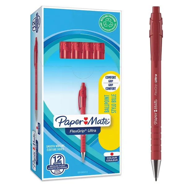 Paper Mate Flexgrip Ultra Retractable Ballpoint Pen, Medium 1mm Tip, Assorted Barrel Colours, With Grip, Assorted Ink Colours: Black, Red, Blue,