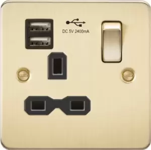 KnightsBridge Flat plate 13A 1G switched socket with dual USB charger (2.4A) - brushed brass with Black insert