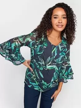 M&Co Floral Flute Sleeve Blouse, Black, Size 14, Women