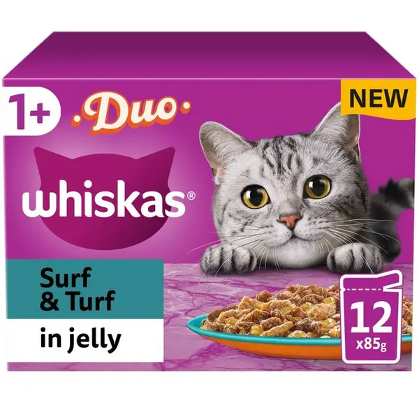 Whiskas 1+ Adult Surf and Turf Duo in Jelly Cat Food 12 x 85g