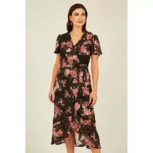 Mela London Black Rose Print Midi Wrap Dress - Black