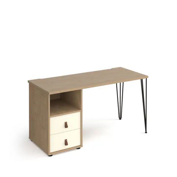 Tikal Straight Oak Desk with Black Hairpin Leg with White Drawers - 1400mm x 600mm