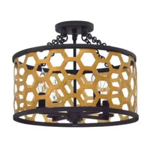 4 Bulb Semi Flush Light Hexagonal Laser Cut Steel Sunset Gold Black LED E14 60W