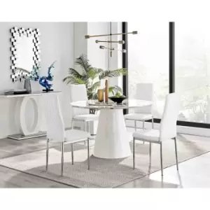 Furniture Box Palma White Marble Effect Round Dining Table and 4 White Milan Chrome Leg Chairs