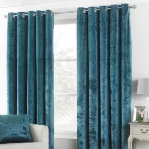 Verona Crushed Velvet Lined Eyelet Curtains, Teal, 90 x 72" - Paoletti