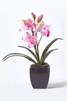 Small Light Pink Cymbidium Artificial Orchid in Black Pot, 38cm Tall