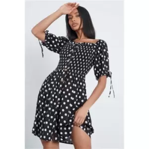 I Saw It First Black Woven Polka Dot Shirred Square Neck Puff Sleeve Smock Dress - Black