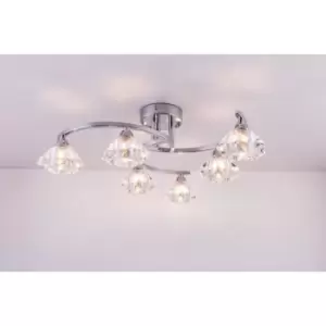 6 Light Spiral Semi-Flush Ceiling Light, Clear Glass Shades, Polished Chrome Finish