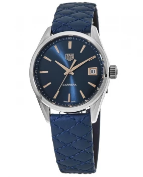 Tag Heuer Carrera Quartz Blue Dial Quilted Leather Strap Womens Watch WBK1312.FC8259 WBK1312.FC8259