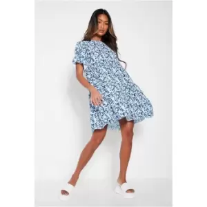 I Saw It First Baby Blue Leopard Print Frill Sleeve Smock Dress - Blue