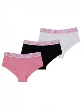 Jack Wills Girls 3 Pack Boxed Bikini Briefs - Pink/Black/White, Multi, Size Age: 12-13 Years, Women