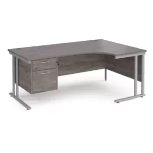 Maestro 25 right hand ergonomic desk 1800mm wide with 2 drawer pedestal - silver cantilever leg frame and grey oak top