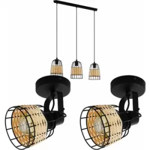 Ceiling Spot Light & 2x Matching Wall Lights Black Wire & Wicker Wood Shade