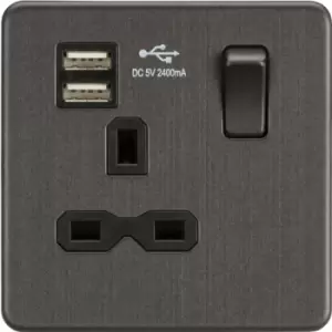 KnightsBridge Screwless 13A 1G switched socket with dual USB charger (2.4A) - Smoked Bronze