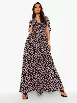 Boohoo Ditsy Print Shirred Waist Maxi Dress - Black, Size 12, Women