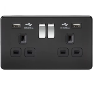 KnightsBridge 2G 13A Matt Black 2G Switched Socket with Dual 5V USB Charger Ports - Black Insert