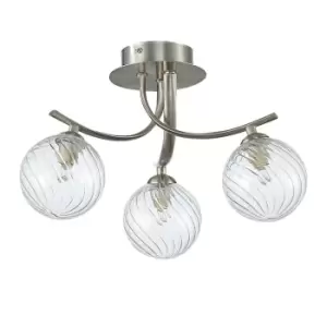 Contemporary Multi Arm Semi Flush Ceiling 3 Light Satin Nickle, Glass