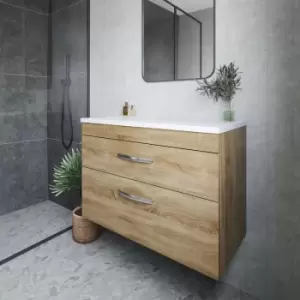 Nuie - Athena Wall Hung 2-Drawer Vanity Unit with Sparkling White Worktop 800mm Wide - Natural Oak