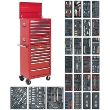 Sealey Superline Pro 14 Drawer Roller Cabinet, Mid and Top Tool Chests + 1179 Piece Tool Kit Red