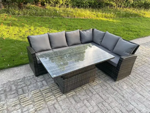 Fimous 6 Seater Outdoor Dark Grey Rattan Lounge Complete Sofa Set with Regular Adjustable Table