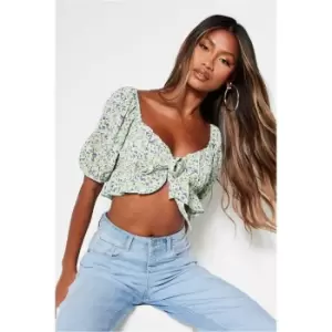 I Saw It First Green Satin Tie Front Puff Sleeve Crop Blouse - Green