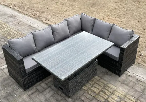 Fimous 6 Seater Outdoor Dark Grey Rattan Lounge Complete Sofa Set with Adjustable Dining Table and Cushions