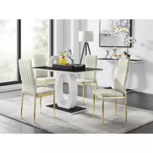 Furniturebox Giovani 4 Black Dining Table & 4 Cream Milan Velvet Dining Chairs With Gold Legs Diamond Stitch Modern Contemporary Chrome Metal