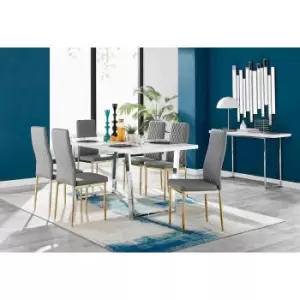 Furniture Box Kylo White High Gloss Dining Table and 6 Grey Milan Gold Leg Chairs