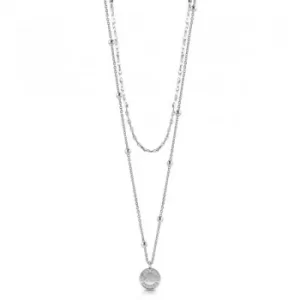 GUESS rhodium plated 16-20" double necklace with bead details and logo coin pendant with Swarovski crystals.