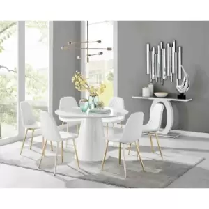 Furniture Box Palma White High Gloss Round Dining Table and 6 White Corona Gold Leg Chairs